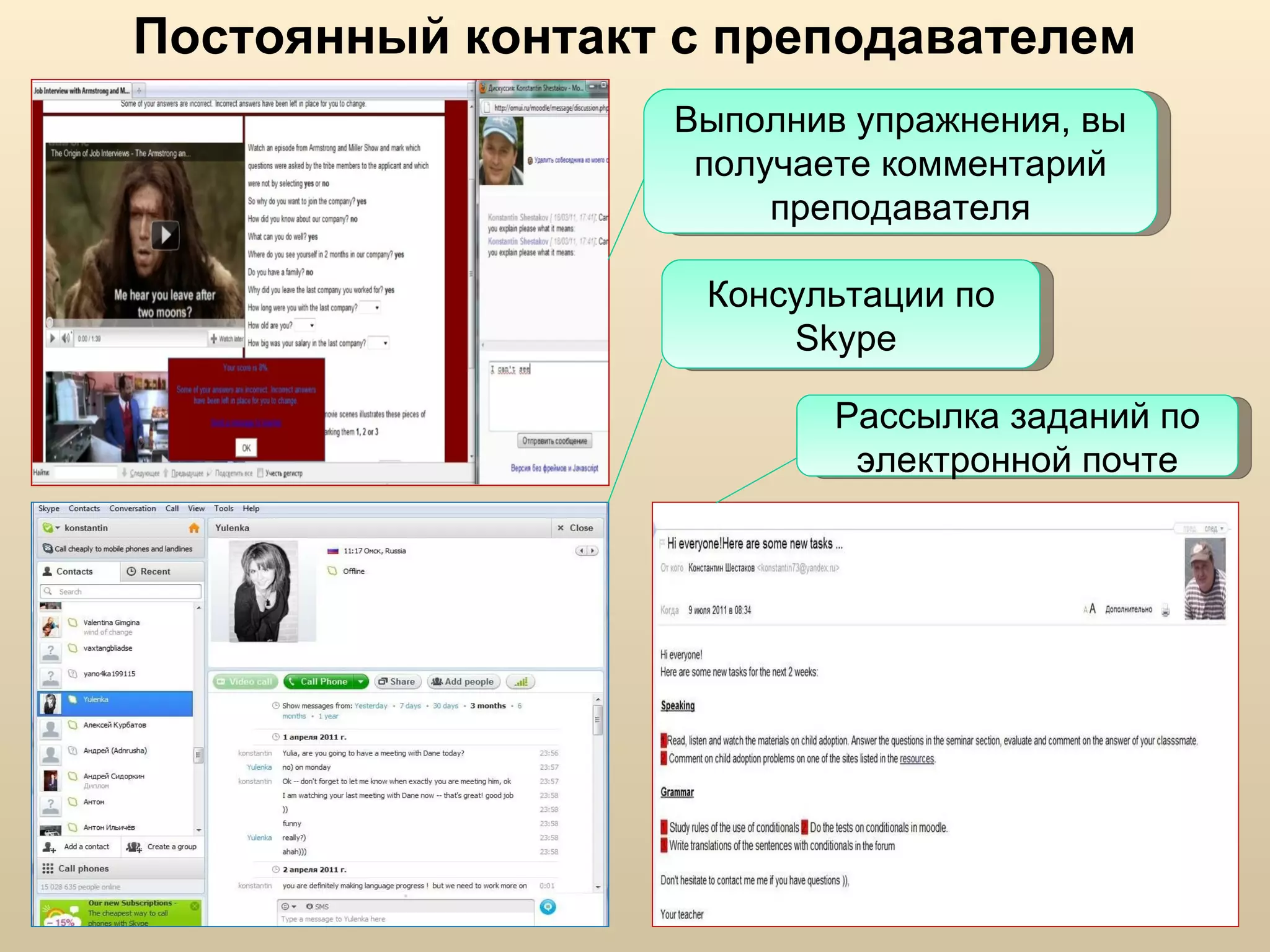Постоянный контакт с преподавателем Выполнив упражнения, вы получаете комментарий преподавателя Рассылка заданий по электронной почте Консультации по  Skype  