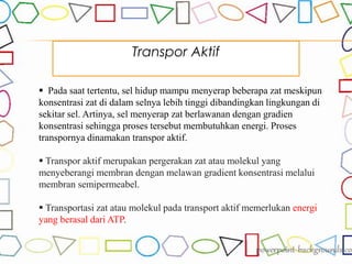 Transpor Aktif
 Pada saat tertentu, sel hidup mampu menyerap beberapa zat meskipun
konsentrasi zat di dalam selnya lebih tinggi dibandingkan lingkungan di
sekitar sel. Artinya, sel menyerap zat berlawanan dengan gradien
konsentrasi sehingga proses tersebut membutuhkan energi. Proses
transpornya dinamakan transpor aktif.
 Transpor aktif merupakan pergerakan zat atau molekul yang
menyeberangi membran dengan melawan gradient konsentrasi melalui
membran semipermeabel.
 Transportasi zat atau molekul pada transport aktif memerlukan energi
yang berasal dari ATP.
 
