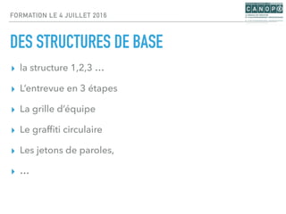FORMATION LE 4 JUILLET 2016
DES STRUCTURES DE BASE
▸ la structure 1,2,3 …
▸ L’entrevue en 3 étapes
▸ La grille d’équipe
▸ Le grafﬁti circulaire
▸ Les jetons de paroles,
▸ …
 