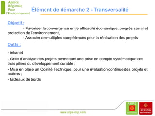 Élément de démarche 2 - Transversalité

Objectif :
         - Favoriser la convergence entre efficacité économique, progrès social et
protection de l’environnement,
         - Associer de multiples compétences pour la réalisation des projets
Outils :

- intranet
- Grille d’analyse des projets permettant une prise en compte systématique des
trois piliers du développement durable ;
- Mise en place un Comité Technique, pour une évaluation continue des projets et
actions ;
- tableaux de bords
 