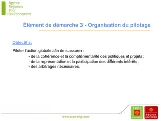 Élément de démarche 3 - Organisation du pilotage


Objectif s:

Piloter l’action globale afin de s’assurer :
           - de la cohérence et la complémentarité des politiques et projets ;
           - de la représentation et la participation des différents intérêts ;
           - des arbitrages nécessaires.
 