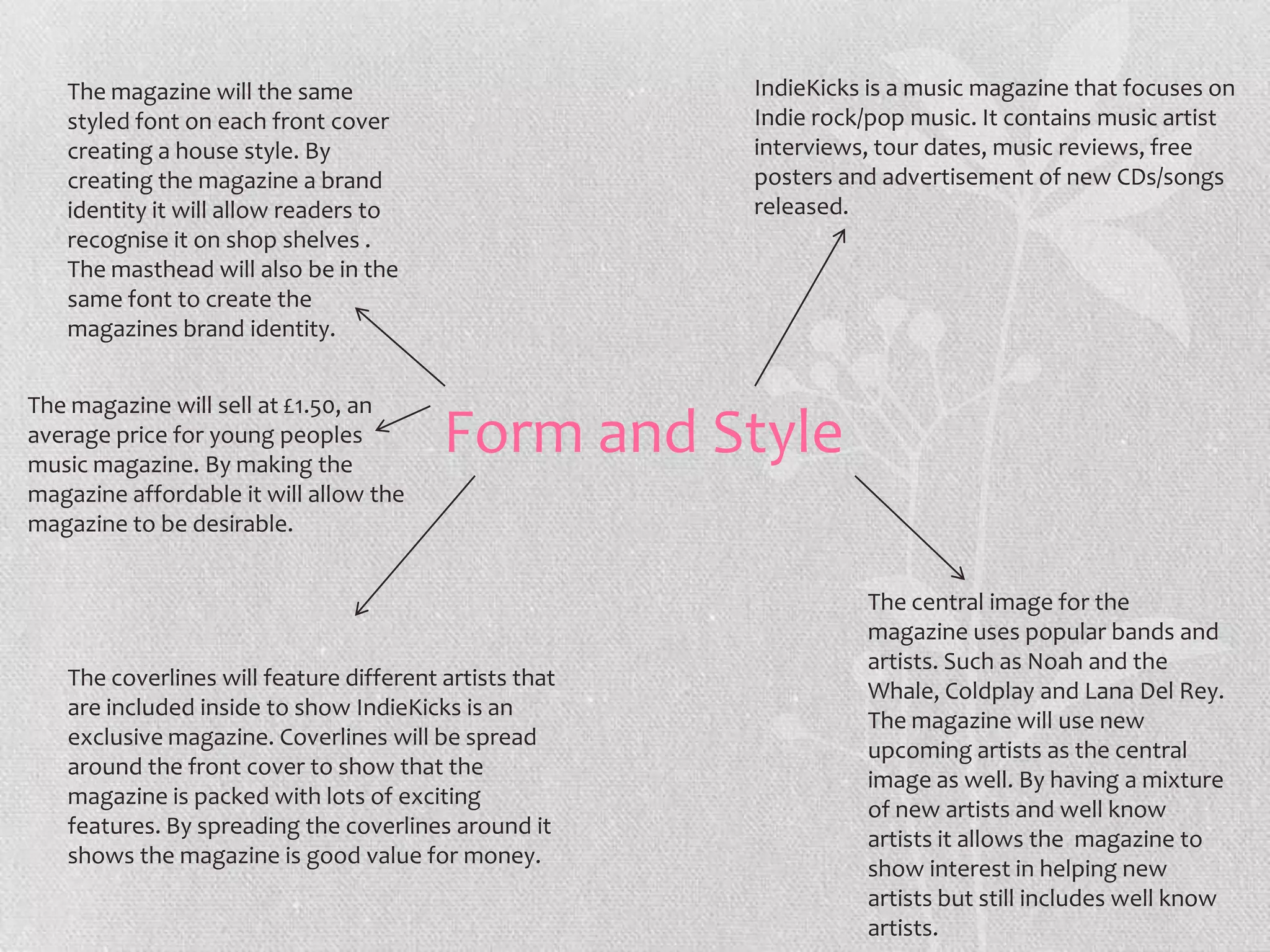 The magazine will the same                           IndieKicks is a music magazine that focuses on
   styled font on each front cover                      Indie rock/pop music. It contains music artist
   creating a house style. By                           interviews, tour dates, music reviews, free
   creating the magazine a brand                        posters and advertisement of new CDs/songs
   identity it will allow readers to                    released.
   recognise it on shop shelves .
   The masthead will also be in the
   same font to create the
   magazines brand identity.


The magazine will sell at £1.50, an
average price for young peoples
music magazine. By making the
                                         Form and Style
magazine affordable it will allow the
magazine to be desirable.


                                                                  The central image for the
                                                                  magazine uses popular bands and
                                                                  artists. Such as Noah and the
   The coverlines will feature different artists that
                                                                  Whale, Coldplay and Lana Del Rey.
   are included inside to show IndieKicks is an
                                                                  The magazine will use new
   exclusive magazine. Coverlines will be spread
                                                                  upcoming artists as the central
   around the front cover to show that the
                                                                  image as well. By having a mixture
   magazine is packed with lots of exciting
                                                                  of new artists and well know
   features. By spreading the coverlines around it
                                                                  artists it allows the magazine to
   shows the magazine is good value for money.
                                                                  show interest in helping new
                                                                  artists but still includes well know
                                                                  artists.
 