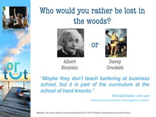 Source: http://www.forbes.com/sites/dealmakers/2013/01/29/sales-dog-teaches-new-barter-tricks/
Who would you rather be
lost in the woods?
Albert
Einstein
Davey
Crockett
“Maybe they don’t teach bartering at business
school, but it is part of the curriculum at the
school of hard knocks.”
Michael Dalton Johnson
Award-winning trade book and magazine publisher
or
 
