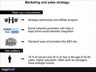 Marketing and sales strategy:


     Main ways of promotion:

                  Strategic partnership and affiliate program


                  Social networks promotion with help of
                  trego.travel social networks integration


                   Standard ways of promotion like SEO etc.


Our auditory :

                   70 % of women and 30 % of men in the age of 25-45
                   years. Higher education. Often work as managers.
                   Have average income.
 