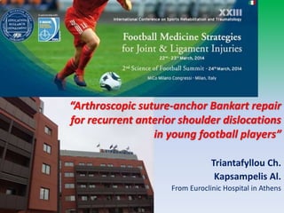 “Arthroscopic suture-anchor Bankart repair
for recurrent anterior shoulder dislocations
in young football players”
Triantafyllou Ch.
Kapsampelis Al.
From Euroclinic Hospital in Athens
 