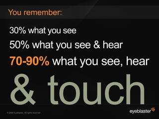 © 2008 Eyeblaster. All rights reserved
You remember:
30% what you see
50% what you see & hear
70-90% what you see, hear
& touch
 