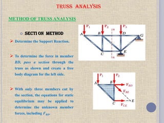 TRUSS ANALYSIS
 SECTI ON METHOD
 Determine the Support Reaction.
 To determine the force in member
BD, pass a section through the
truss as shown and create a free
body diagram for the left side.
 With only three members cut by
the section, the equations for static
equilibrium may be applied to
determine the unknown member
forces, including FBD.
METHOD OF TRUSS ANALYSIS
 