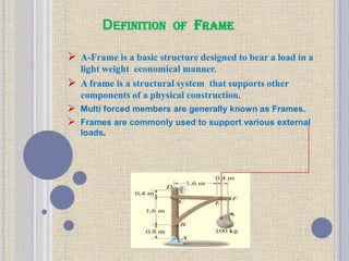 DEFINITION OF FRAME
 A-Frame is a basic structure designed to bear a load in a
light weight economical manner.
 A frame is a structural system that supports other
components of a physical construction.
 Multi forced members are generally known as Frames.
 Frames are commonly used to support various external
loads.
 
