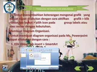 TEKNOLOGI INFORMASI DAN KOMUNIKASI

3. Untuk menambahkan keterangan mengenai grafik yang
dibuat dapat dilakukan dengan cara aktifkan grafik > klik
ribbon tab layout > pilih icon pada
group labels atau
axes sesuai dengan kebutuhan.
C. Membuat Diagram Organisasi.
Untuk membuat diagram organisasi pada Ms. Powerpoint
dapat dilakukan dengan cara :
1. Klik ribbon tab insert > SmartArt

 