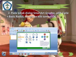 TEKNOLOGI INFORMASI DAN KOMUNIKASI

2. Pada kotak dialog SmartArt Graphic, pilih Cycle
> Basic Radial, kemudian klik tombol OK.

 