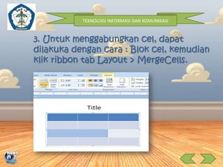 TEKNOLOGI INFORMASI DAN KOMUNIKASI

3. Untuk menggabungkan cel, dapat
dilakuka dengan cara : Blok cel, kemudian
klik ribbon tab Layout > MergeCells.

 