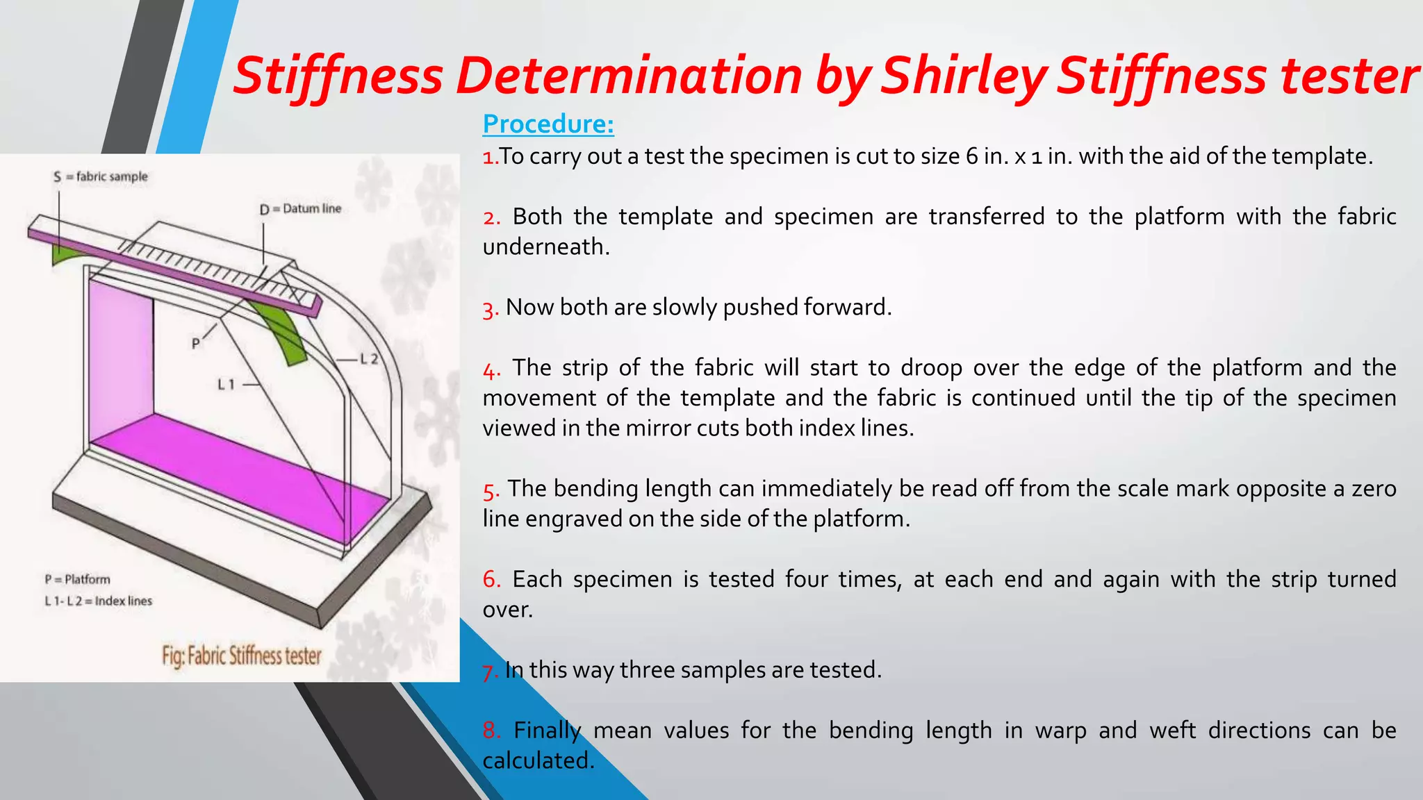 Stiffness Determination by Shirley Stiffness tester
Procedure:
1.To carry out a test the specimen is cut to size 6 in. x 1 in. with the aid of the template.
2. Both the template and specimen are transferred to the platform with the fabric
underneath.
3. Now both are slowly pushed forward.
4. The strip of the fabric will start to droop over the edge of the platform and the
movement of the template and the fabric is continued until the tip of the specimen
viewed in the mirror cuts both index lines.
5. The bending length can immediately be read off from the scale mark opposite a zero
line engraved on the side of the platform.
6. Each specimen is tested four times, at each end and again with the strip turned
over.
7. In this way three samples are tested.
8. Finally mean values for the bending length in warp and weft directions can be
calculated.
 