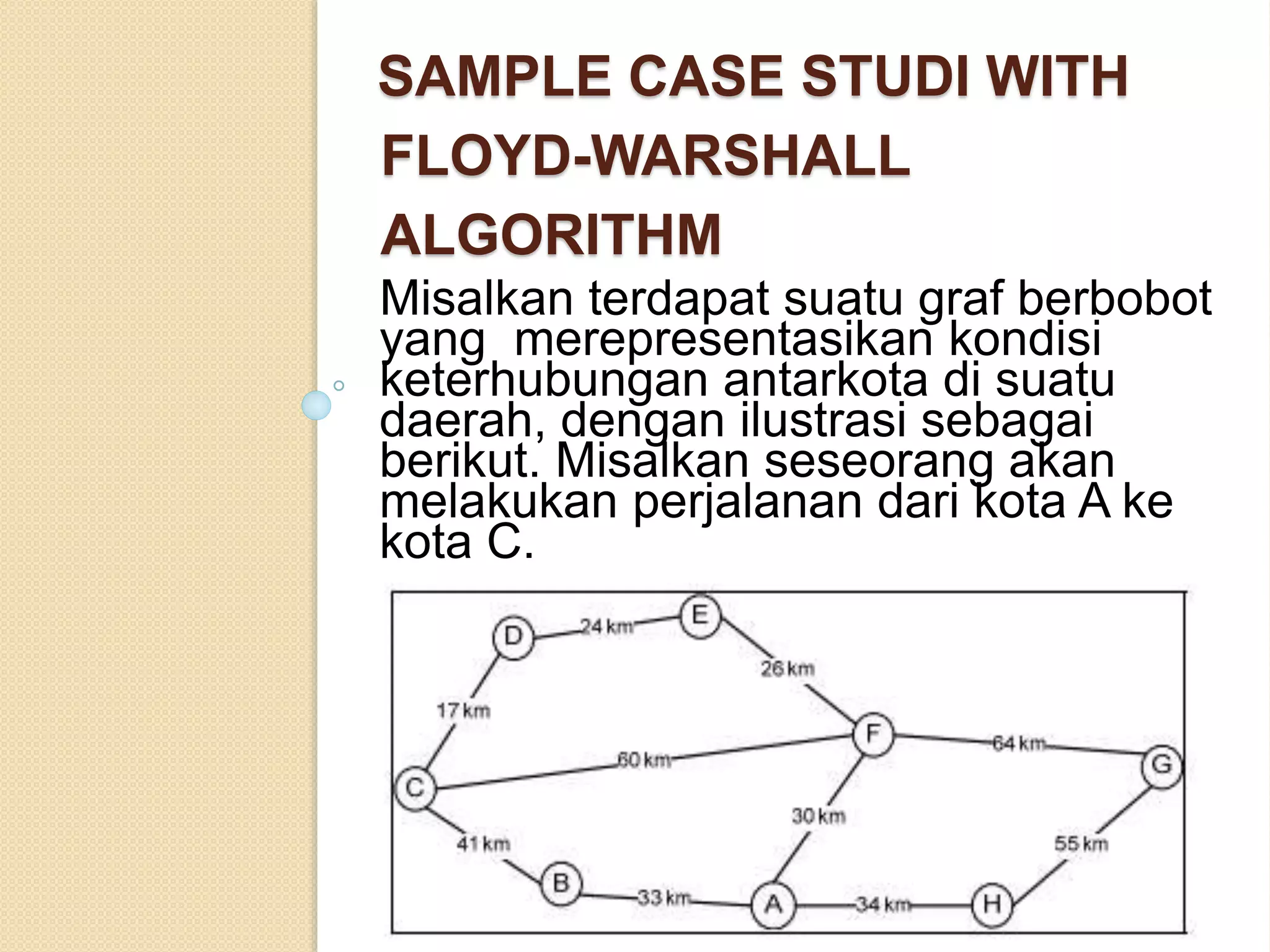 SAMPLE CASE STUDI WITH
FLOYD-WARSHALL
ALGORITHM
Misalkan terdapat suatu graf berbobot
yang merepresentasikan kondisi
keterhubungan antarkota di suatu
daerah, dengan ilustrasi sebagai
berikut. Misalkan seseorang akan
melakukan perjalanan dari kota A ke
kota C.
 