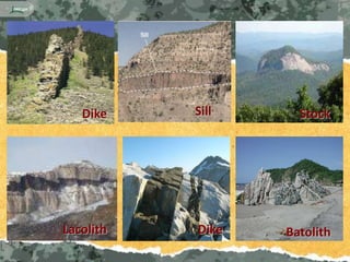 Dike    Sill     Stock




Lacolith   Dike   Batolith
 