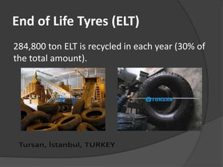 End of Life Tyres (ELT)
284,800 ton ELT is recycled in each year (30% of
the total amount).
 