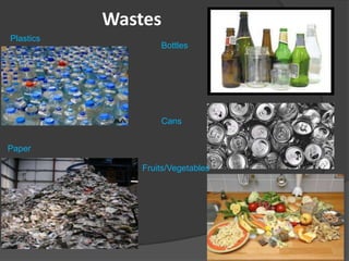 Wastes
Fruits/Vegetables
Plastics
Paper
Bottles
Cans
 