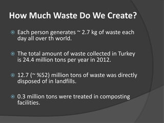 How Much Waste Do We Create?
 Each person generates ~ 2.7 kg of waste each
day all over th world.
 The total amount of waste collected in Turkey
is 24.4 million tons per year in 2012.
 12.7 (~ %52) million tons of waste was directly
disposed of in landfills.
 0.3 million tons were treated in composting
facilities.
 