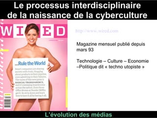 Le processus interdisciplinaire  de la naissance de la cyberculture  L’évolution des médias http://www.wired.com Magazine mensuel  publié depuis mars 93 Technologie – Culture – Economie –Politique dit « techno utopiste »  