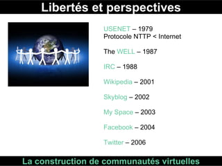Libertés et perspectives La construction de communautés virtuelles USENET  – 1979 Protocole NTTP < Internet The  WELL  – 1987 IRC  – 1988 Wikipedia  – 2001 Skyblog  – 2002 My Space  – 2003 Facebook  – 2004 Twitter  – 2006 