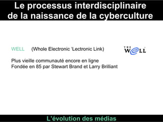 Le processus interdisciplinaire  de la naissance de la cyberculture  L’évolution des médias WELL   (Whole Electronic ‘Lectronic Link)  Plus vieille communauté encore en ligne  Fondée en 85 par Stewart Brand et Larry Brilliant  