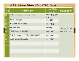 ፍቃድ ሳያወጡ እየሰሩ ያሉ ተቋማት የቀጠለ….
ተ.ቁ የተቋሙስም
የሚገኝበት
ልዩ ቦታ
የሚሰራበትቀን
12 HM Accounting and training center መተባበር 7ኛ
ፎቅ
ከ 07/07/2013
እስከ 4/07/2013
13 ማራኪ ኢንጊሊሽ መተባበር
14 ኤል ቋንቋ 0911913582 መተባበር
15 አርክወርልድ መተባበር
16 ቦስተን Boston 0913099258 መተባበር
17 ስማርት ቪኣይ ፒ (VIP) 0913547903 መተባበር
18 Arch world Computer መተባበር
 