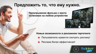 Предложить то, что ему нужно.
9
Проигрывание фильма с места
остановки на любом устройстве
Новые возможности в рекламном таргетинге
Пользователю нравится смотреть рекламу!
Реклама более эффективная!
 