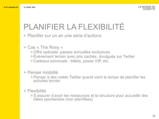 PLANIFIER LA FLEXIBILITÉ Planifier sur un an une série d’actions Cas « The Roxy » Offre spéciale: passes annuelles exclusives Événement terrain avec prix cachés, divulgués sur Twitter Cadeaux ponctuels : billets, passe VIP, etc.  Penser mobilité  Penser à des volets Twitter quand vient le temps de planifier les activités terrain Flexibilité S’assurer d’avoir les ressources et la structure pour accueillir des idées spontanées (non planifiées) 