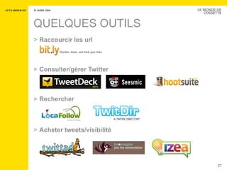 QUELQUES OUTILS Raccourcir les url  Consulter/gérer Twitter Rechercher Acheter tweets/visibilité 