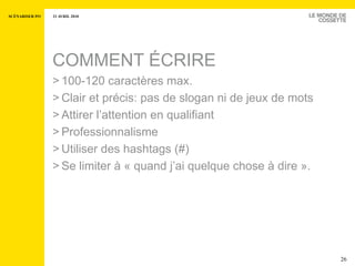 COMMENT ÉCRIRE 100-120 caractères max.  Clair et précis: pas de slogan ni de jeux de mots Attirer l’attention en qualifiant Professionnalisme Utiliser des hashtags (#) Se limiter à « quand j’ai quelque chose à dire ». 