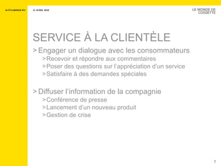 SERVICE À LA CLIENTÈLE Engager un dialogue avec les consommateurs Recevoir et répondre aux commentaires Poser des questions sur l’appréciation d’un service Satisfaire à des demandes spéciales Diffuser l’information de la compagnie  Conférence de presse Lancement d’un nouveau  produit Gestion de crise 