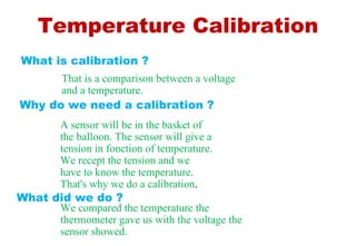 Temperature Calibration What is calibration ? That is a comparison between a voltage and a temperature. What did we do ? We compared the temperature the thermometer gave us with the voltage the sensor showed. Why do we need a calibration ? A sensor will be in the basket of the balloon. The sensor will give a tension in fonction of temperature. We recept the tension and we have to know the temperature. That's why we do a calibration . 