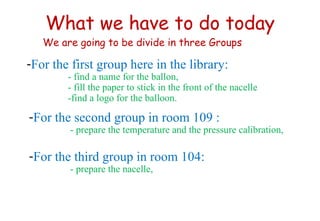 What we have to do today We are going to be divide in three Groups For the first group here in the library:  - find a name for the ballon, - fill the paper to stick in the front of the nacelle -find a logo for the balloon. For the second group in room 109 :  - prepare the temperature and the pressure calibration, For the third group in room 104:  - prepare the nacelle, 