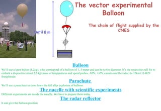 The vector experimental Balloon The chain of flight supplied by the CNES Balloon We’ll use a latex ballon (1,2kg), what correspond of a balloon of 1, 5 meter and can be to 8m diameter. It’s the necessities tall for to embark a dispositive about 2,5 kg (mass of temperatures and speed probes, APN,  GPS, camera and the radar) to 35km (114829 feet)altitude. Parachute  We’ll use a parachute to slow down the fall after explosion of balloon. The nacelle with scientific experiments Different experiments are inside the nacelle. We have to prepare them today. The radar reflector It can give the balloon position  to the plane and the air traffic. Until 8 m 