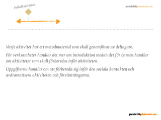 Fotboll på Heden
Varje aktivitet har ett metodmaterial som skall genomföras av deltagare.
För verksamheter handlar det mer om introduktion medan det för barnen handlar
om aktiviteter som skall förberedas inför aktiviteten.
Uppgifterna handlar om att förbereda sig inför den sociala kontakten och
avdramatisera aktiviteten och förväntningarna.
 