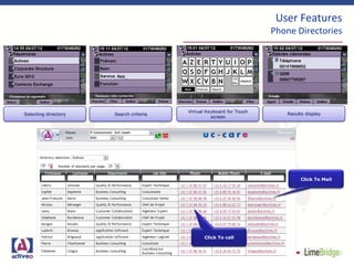 User Features
Phone Directories
Click To call
Click To Mail
Selecting directory
Virtual Keyboard for Touch
screen
Search criteria Results display
 