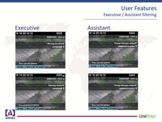 User Features
Executive / Assistant filtering
Executive Assistant
 