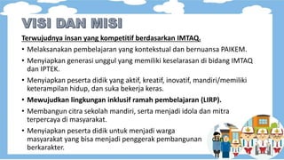Terwujudnya insan yang kompetitif berdasarkan IMTAQ.
• Melaksanakan pembelajaran yang kontekstual dan bernuansa PAIKEM.
• Menyiapkan generasi unggul yang memiliki keselarasan di bidang IMTAQ
dan IPTEK.
• Menyiapkan peserta didik yang aktif, kreatif, inovatif, mandiri/memiliki
keterampilan hidup, dan suka bekerja keras.
• Mewujudkan lingkungan inklusif ramah pembelajaran (LIRP).
• Membangun citra sekolah mandiri, serta menjadi idola dan mitra
terpercaya di masyarakat.
• Menyiapkan peserta didik untuk menjadi warga
masyarakat yang bisa menjadi penggerak pembangunan dan
berkarakter.
 
