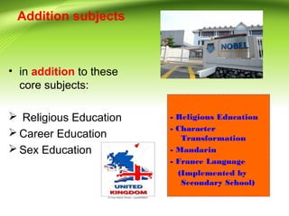 Addition subjects
• in addition to these
core subjects:
 Religious Education
 Career Education
 Sex Education
- Religious Education
- Character
Transformation
- Mandarin
- France Language
(Implemented by
Secondary School)
 