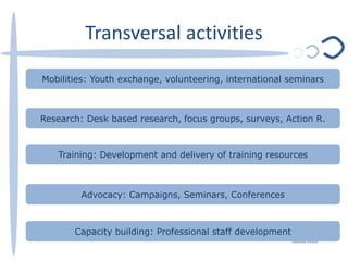 Transversal activities
Mobilities: Youth exchange, volunteering, international seminars
Research: Desk based research, focus groups, surveys, Action R.
Training: Development and delivery of training resources
Advocacy: Campaigns, Seminars, Conferences
Capacity building: Professional staff development
 