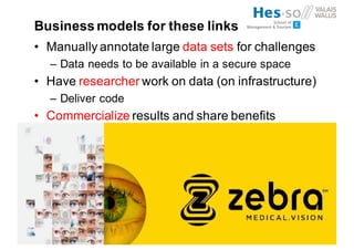 Business models for these links
• Manually annotate large data sets for challenges
– Data needs to be available in a secure space
• Have researcher work on data (on infrastructure)
– Deliver code
• Commercialize results and share benefits
 