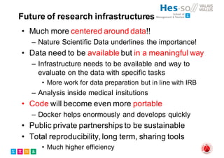 Future of research infrastructures
• Much more centered around data!!
– Nature Scientific Data underlines the importance!
• Data need to be available but in a meaningful way
– Infrastructure needs to be available and way to
evaluate on the data with specific tasks
• More work for data preparation but in line with IRB
– Analysis inside medical insitutions
• Code will become even more portable
– Docker helps enormously and develops quickly
• Public private partnerships to be sustainable
• Total reproducibility, long term, sharing tools
• Much higher efficiency
 