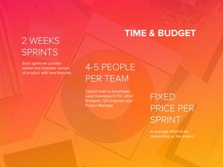 TIME & BUDGET
Each sprint we provide
tested and shipable version
of product with new features
2 WEEKS
SPRINTS
4-5 PEOPLE
PER TEAM
FIXED
PRICE PER
SPRINT
Typical team is Developer,
Lead Developer/CTO, UXUI
Designer, QA Engineer and
Project Manager
In average 4000 EUR,
depending on the project
 