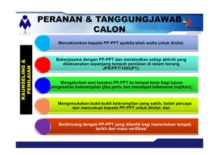 PERANAN & TANGGUNGJAWAB
CALON
Memaklumkan kepada PP-PPT apabila telah sedia untuk dinilai;
Bekerjasama dengan PP-PPT dan merekodkan setiap aktiviti yang
dilaksanakan sepanjang tempoh penilaian di dalam borang
JPK/PPT/1002(P1);
Mengaturkan sesi lawatan PP-PPT ke tempat kerja bagi tujuan
pengesahan keterampilan (jika perlu dan mendapat kebenaran majikan);
Mengemukakan bukti-bukti keterampilan yang sahih, boleh percaya
dan mencukupi kepada PP-PPT untuk dinilai; dan
Berbincang dengan PP-PPT yang dilantik bagi menentukan tempat,
tarikh dan masa verifikasi
KAUNSELING&
PENILAIAN
 