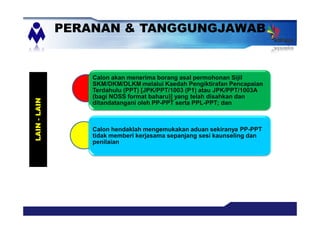 PERANAN & TANGGUNGJAWAB
LAIN-LAIN
Calon akan menerima borang asal permohonan Sijil
SKM/DKM/DLKM melalui Kaedah Pengiktirafan Pencapaian
Terdahulu (PPT) [JPK/PPT/1003 (P1) atau JPK/PPT/1003A
(bagi NOSS format baharu)] yang telah disahkan dan
ditandatangani oleh PP-PPT serta PPL-PPT; dan
Calon hendaklah mengemukakan aduan sekiranya PP-PPT
tidak memberi kerjasama sepanjang sesi kaunseling dan
penilaian
 