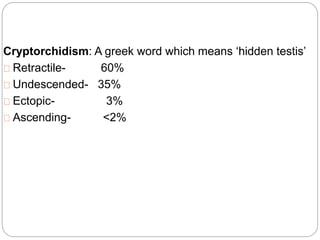 Cryptorchidism: A greek word which means ‘hidden testis’
Retractile- 60%
Undescended- 35%
Ectopic- 3%
Ascending- <2%
 