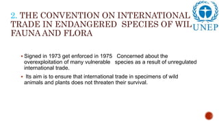 2. THE CONVENTION ON INTERNATIONAL
TRADE IN ENDANGERED SPECIES OF WILD
FAUNA AND FLORA
 Signed in 1973 get enforced in 1975 Concerned about the
overexploitation of many vulnerable species as a result of unregulated
international trade.
 Its aim is to ensure that international trade in specimens of wild
animals and plants does not threaten their survival.
 