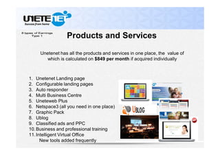 1. Unetenet Landing page
2. Configurable landing pages
3. Auto responder
4. Multi Business Centre
5. Uneteweb Plus
6. Netspace3 (all you need in one place)
7. Graphic Pack
8. Ublog
9. Classified ads and PPC
10.Business and professional training
11.Intelligent Virtual Office
New tools added frequently
Unetenet has all the products and services in one place, the value of
which is calculated on $849 per month if acquired individually
Products and Services
 