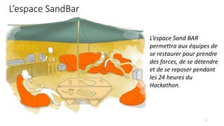 6
L’espace Sand BAR
permettra aux équipes de
se restaurer pour prendre
des forces, de se détendre
et de se reposer pendant
les 24 heures du
Hackathon.
L’espace SandBar
 