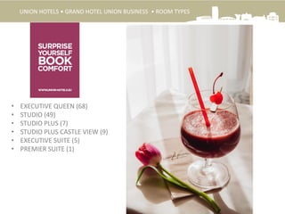 UNION HOTELS • GRAND HOTEL UNION BUSINESS • ROOM TYPES
• EXECUTIVE QUEEN (68)
• STUDIO (49)
• STUDIO PLUS (7)
• STUDIO PLUS CASTLE VIEW (9)
• EXECUTIVE SUITE (5)
• PREMIER SUITE (1)
 