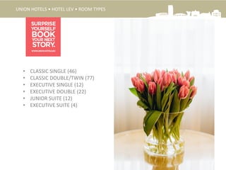 UNION HOTELS • HOTEL LEV • ROOM TYPES
• CLASSIC SINGLE (46)
• CLASSIC DOUBLE/TWIN (77)
• EXECUTIVE SINGLE (12)
• EXECUTIVE DOUBLE (22)
• JUNIOR SUITE (12)
• EXECUTIVE SUITE (4)
 